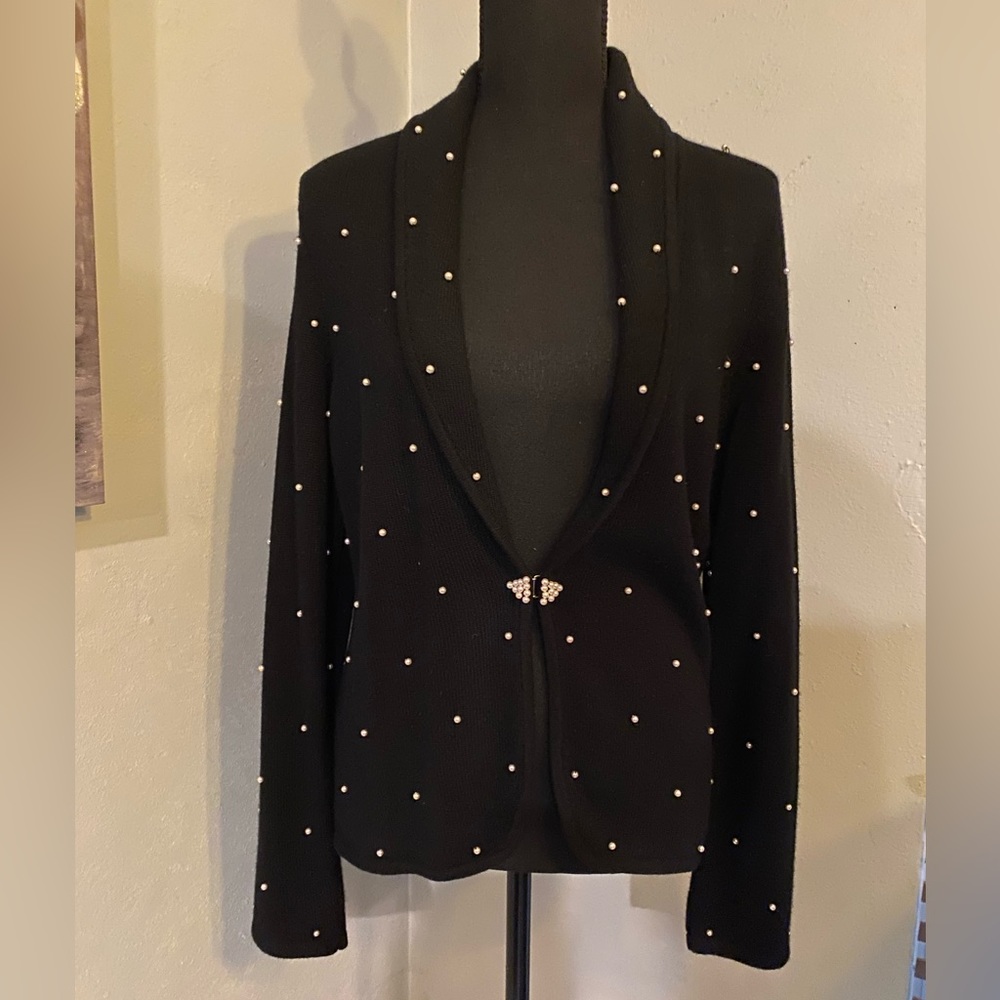 EUC Jones New York Signature Lambswool Angora Blend Pearl Bejeweled Cardigan - Picture 1 of 6